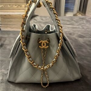Chanel 25 Small Quilted Leather Shoulder Bag in Blue/Gray with Gold Chain